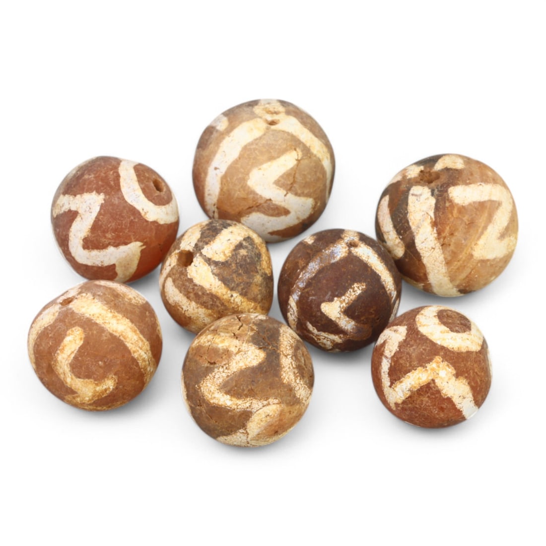 TIBETAN CULTURE: Antique Etched Carnelian Mala Beads (11g, 10-12mm): This set of antique Tibetan mala beads is crafted from etched carnelian, featuring intricate white zigzag and linear patterns that enhance their spiritual significance and aesthetic appeal. These bead