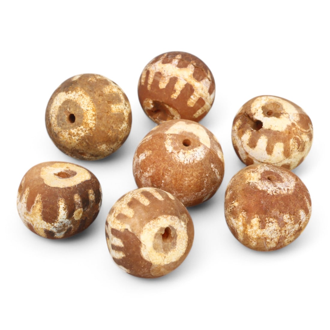 TIBETAN CULTURE: Antique Etched Carnelian Mala Beads (10g, 10-12mm): This set of antique Tibetan mala beads is crafted from etched carnelian, featuring intricate white zigzag and linear patterns that enhance their spiritual significance and aesthetic appeal. These bead