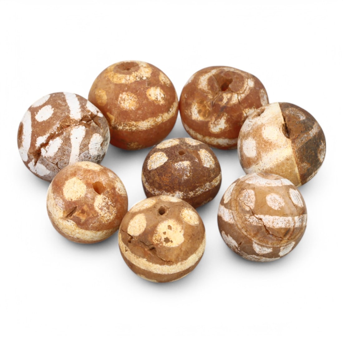 TIBETAN CULTURE: Antique Etched Carnelian Mala Beads (12g, 10-12mm): This set of antique Tibetan mala beads is crafted from etched carnelian, featuring intricate white zigzag and linear patterns that enhance their spiritual significance and aesthetic appeal. These bead