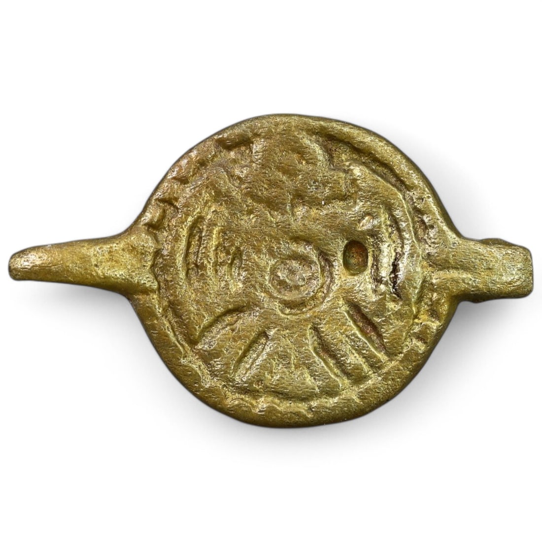 MEDIEVAL GOLD-GILT STRAP END: Circular Design with Radiating Motifs (2g, 2.5cm) (1 of 2)