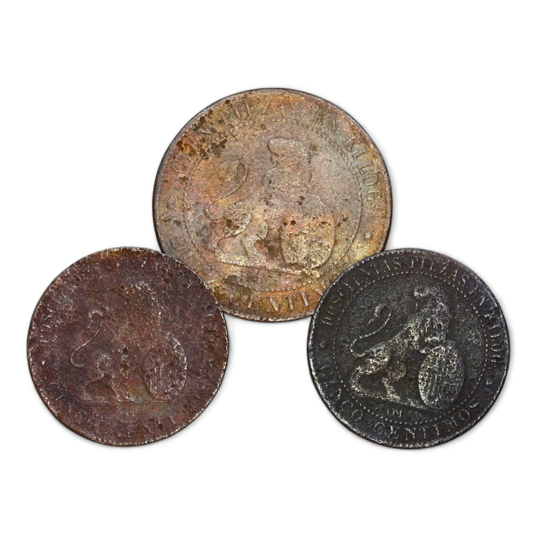 SPAIN: Lot of Three Centimos Coins, Provisional Coinage 1870 (17g, 25 - 30mm) (1 of 2)