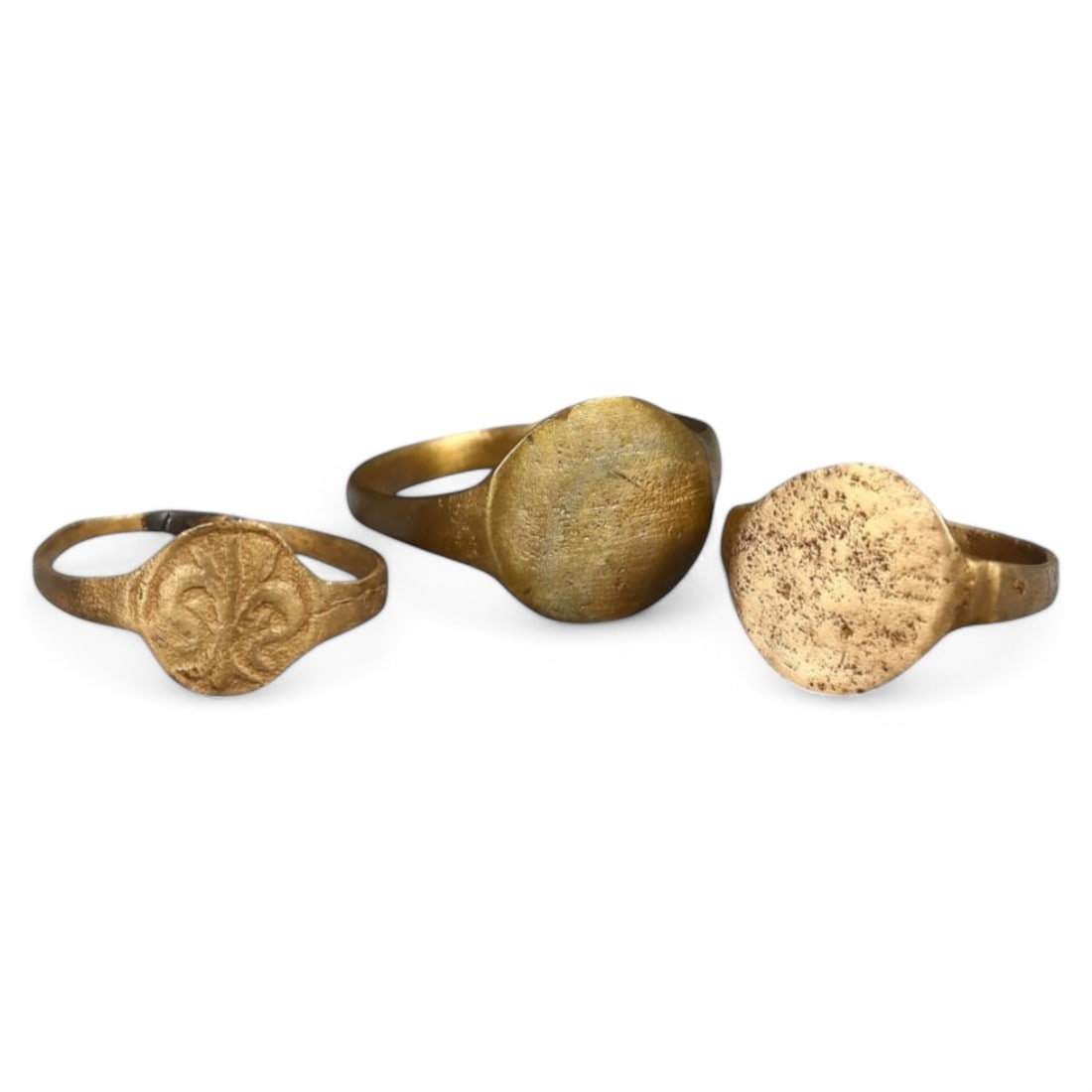 LATE MEDIEVAL ERA: Gilded Bronze "Signet and Fleur-de-Lis" Rings, 14th-16th CE ( 9-11 US, 6g, 3 pcs) (1 of 2)
