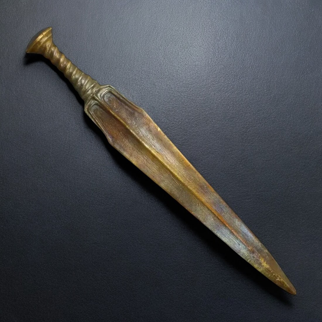 ANTIQUE BRONZE DAGGER: Iridescent Bronze Blade with Grooved Handle (364g, 35x4.5cm) (1 of 4)