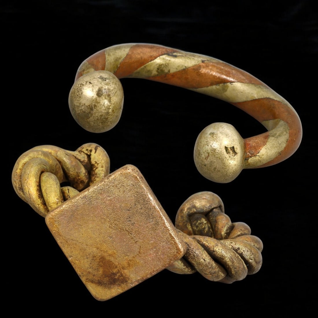 WEST AFRICAN: Brass and Copper Currency Bracelets, Twisted and Solid Forms (242g, 7cm, Set of 2) (1 of 5)