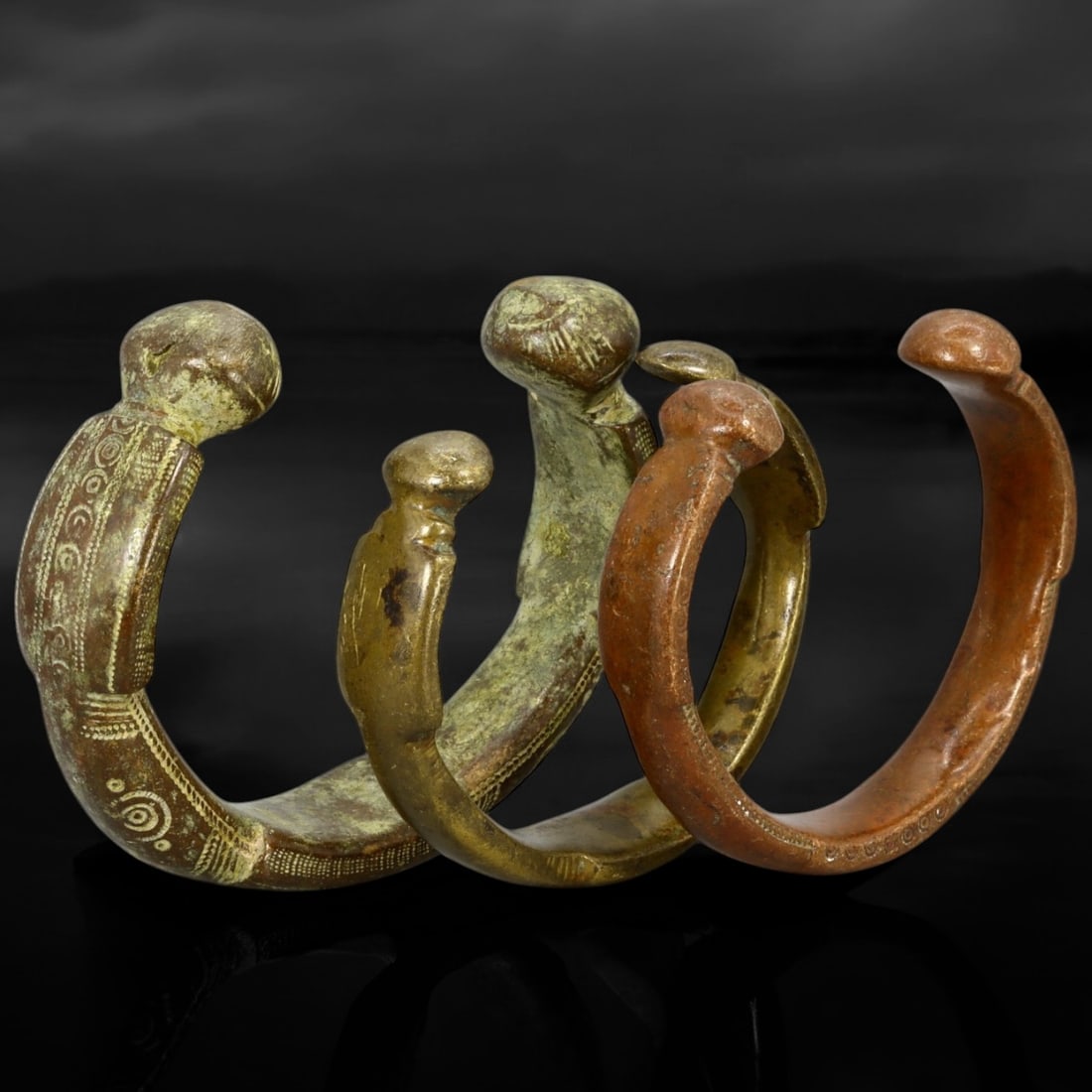 AFRICAN: Lot of Three Bronze Currency Bracelets with Domed Terminals (472g, 7-9cm each) (1 of 4)