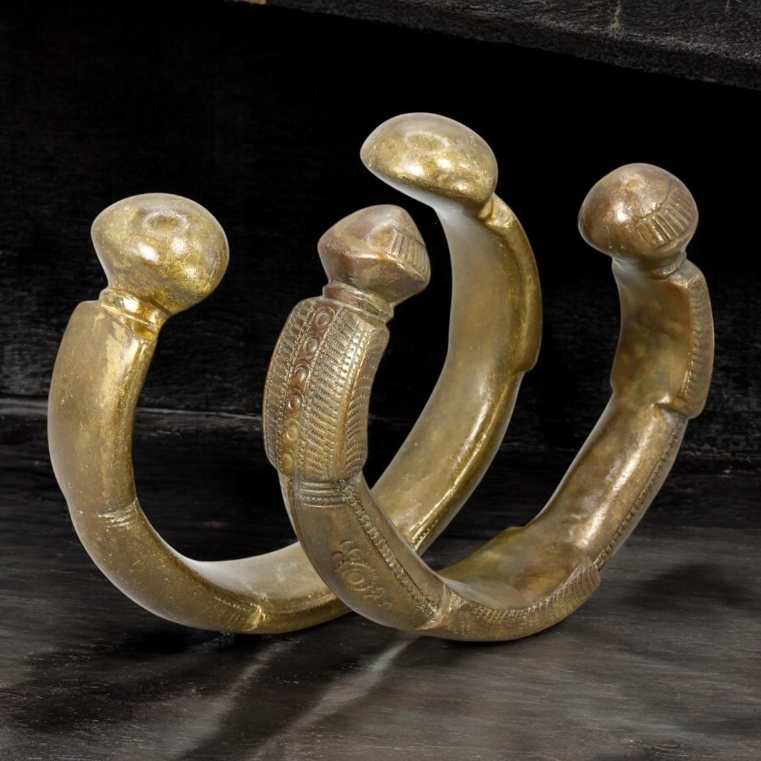 AFRICAN: Pair of Bronze Currency Bracelets with Domed Terminals (340g, 8cm each) (1 of 3)