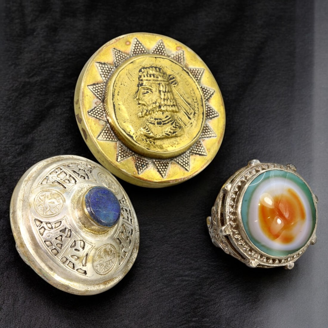 ORNATE METAL RINGS: Lot of Three Decorated Rings with Gemstone Insets (104g, US Sizes 9-11) (1 of 1)