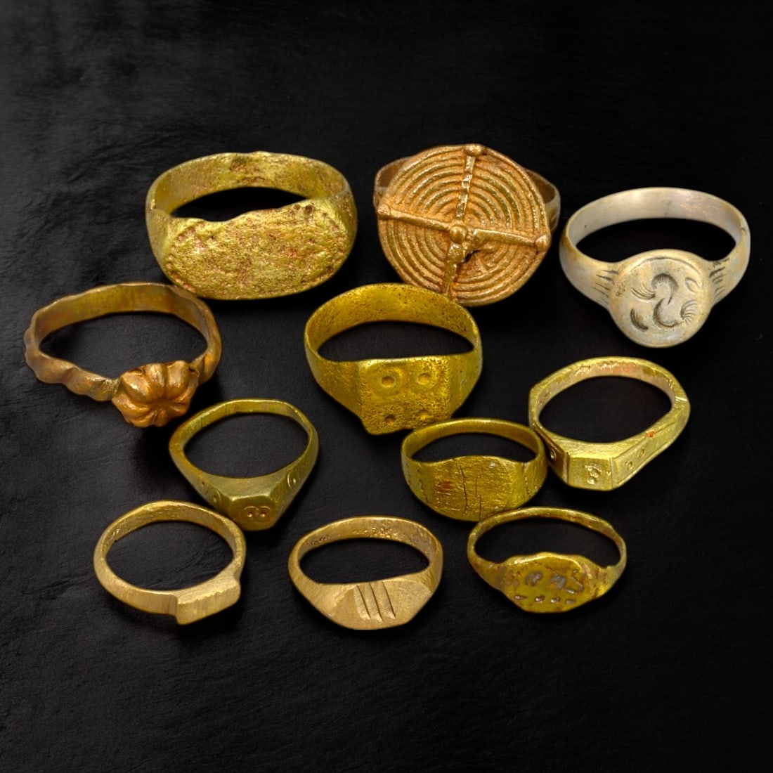 ANCIENT BRONZE RINGS: Gilded Bronze with Engraved Motifs (30g, US Sizes 3-8) (1 of 1)