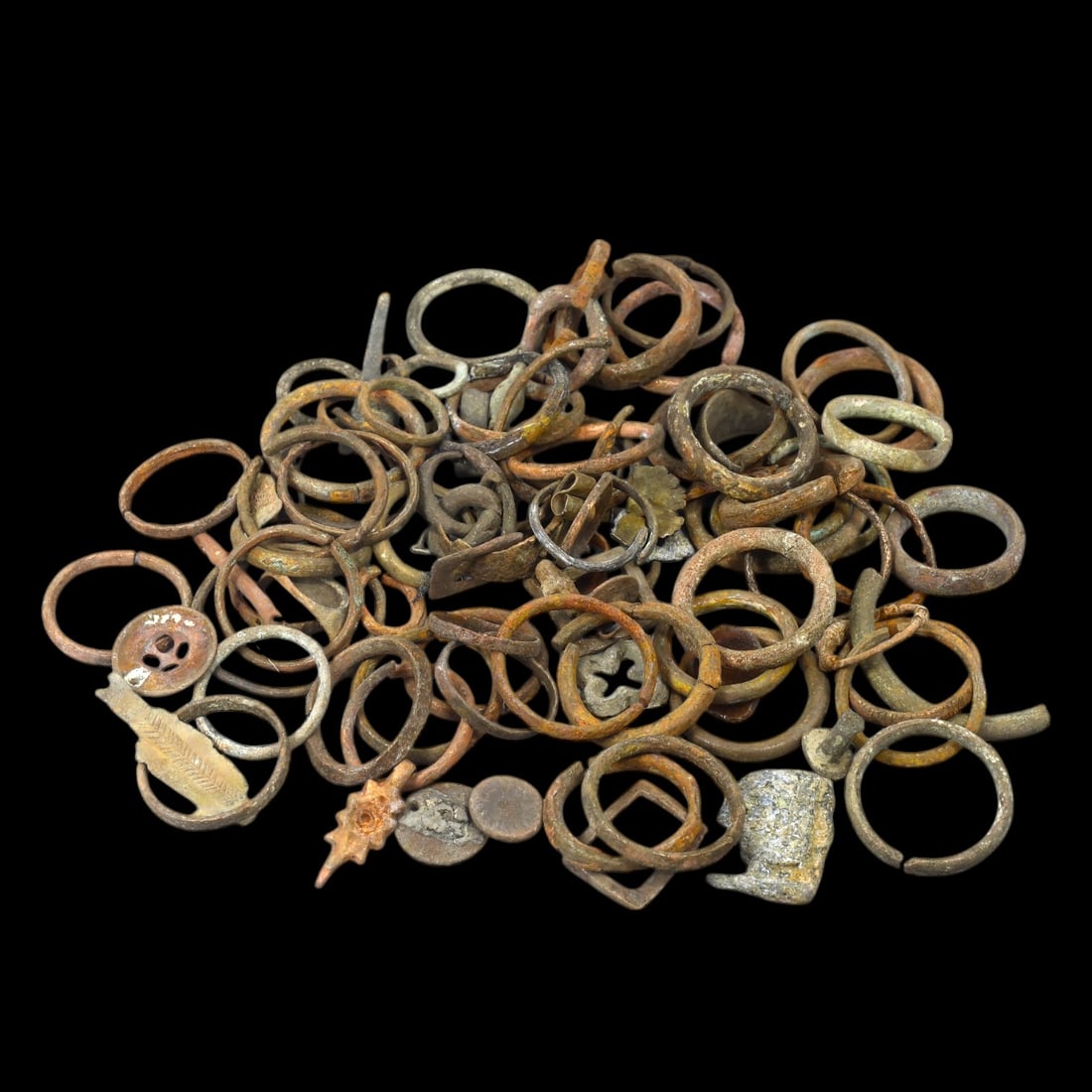 VIKING ERA: Lot of Ancient Proto-Money and Bronze Finger Rings (Avg. 1 inch, 202g): This captivating lot consists of ancient Viking-era bronze artifacts, featuring a mix of proto-money and finger rings. The pieces exhibit varying shades of green and brown patina, a testament to their