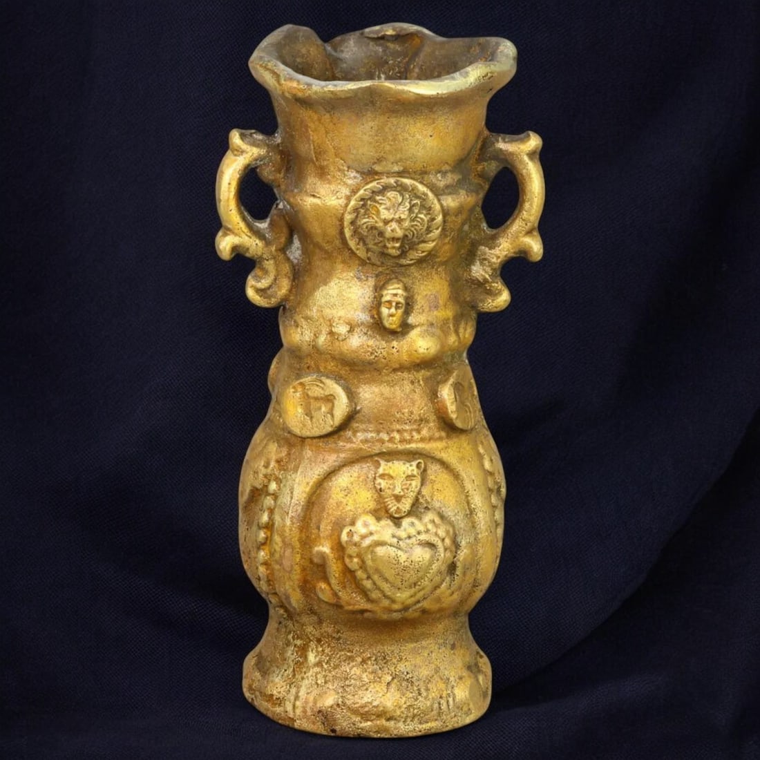 BRONZE CEREMONIAL VESSEL: Gilded Relief Motifs with Dual Handles (1031g, 15x5.5cm) (1 of 7)