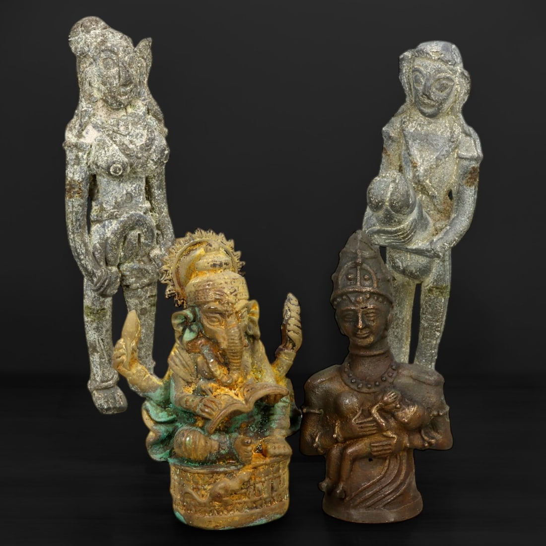 INDIAN BRONZE FIGURINES: Lot of Deity and Ritual Sculptures (600g, 8-11cm, 4 pcs): This collection features four intricately crafted bronze figurines, each representing significant figures from Indian religious and cultural traditions. The lot includes depictions of deities such as 
