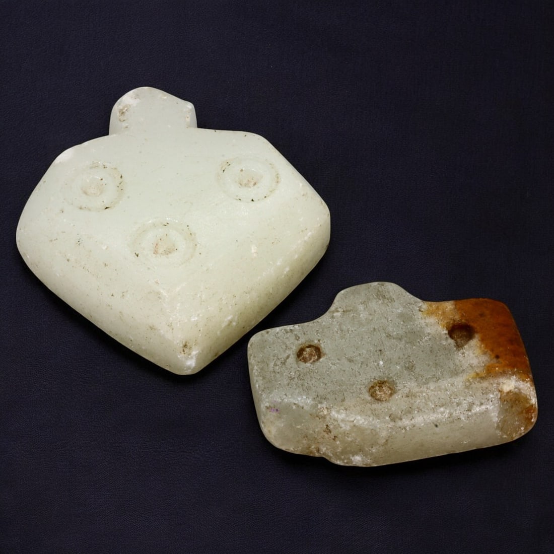 AFRICAN: Antique Glass Pendant Amulets, (45g, 3-4cm): This intriguing lot features African antique glass pendant amulets, with a total weight of 45 grams and individual pieces measuring between 3 and 4 cm. Crafted from opaque glass, these amulets showcas