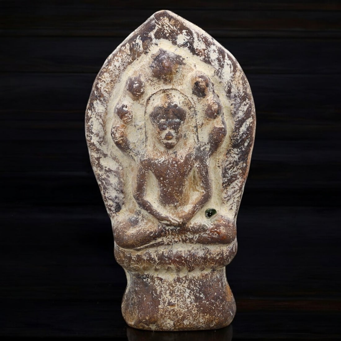 BUDDHIST TERRACOTTA VOTIVE PLAQUE: Naga-Protected Seated Buddha (511g, 20 x 11 cm) (1 of 2)