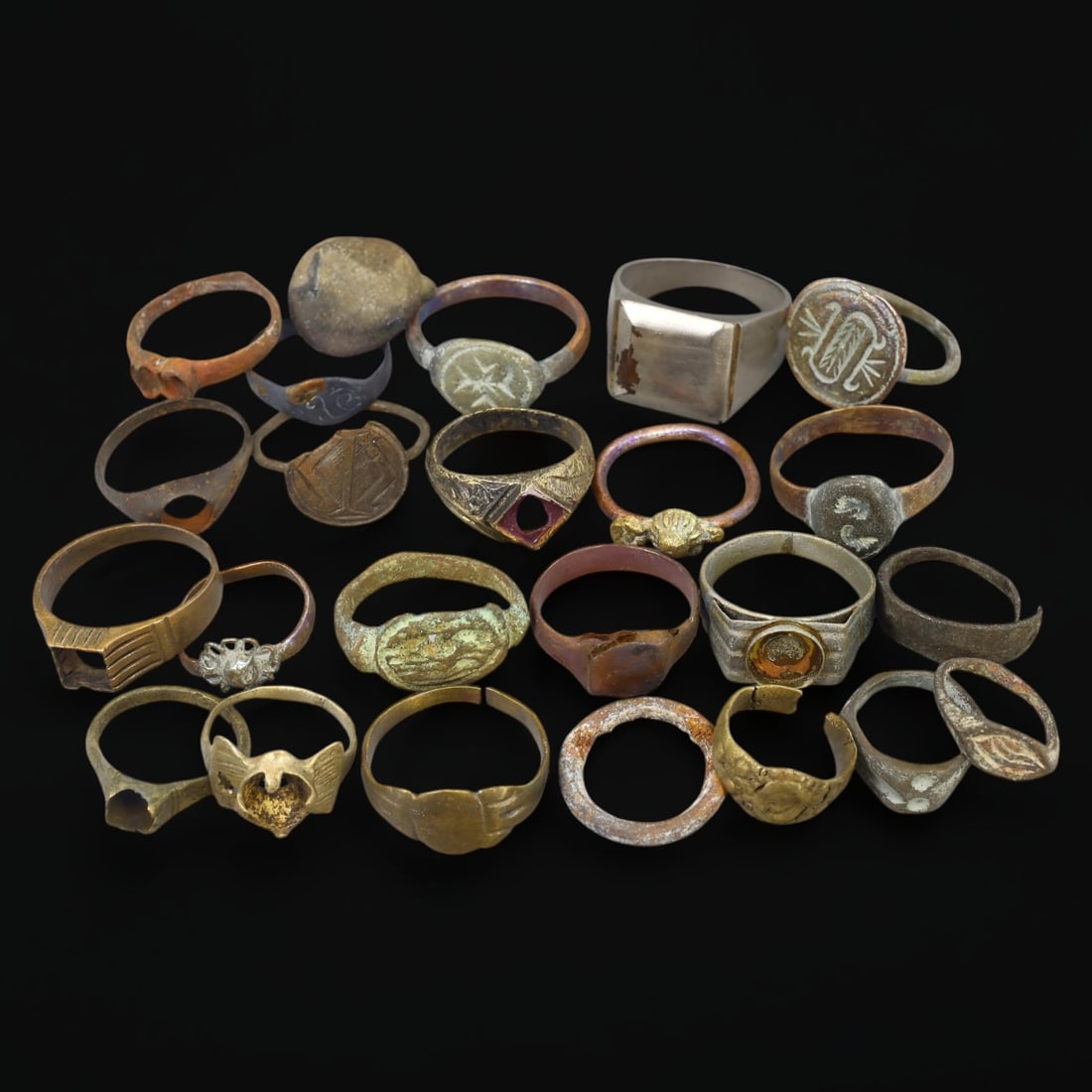 ANCIENT BRONZE RING LOT: Assorted Signet and Decorative Rings (69g, Sizes 3-9 US) (1 of 1)