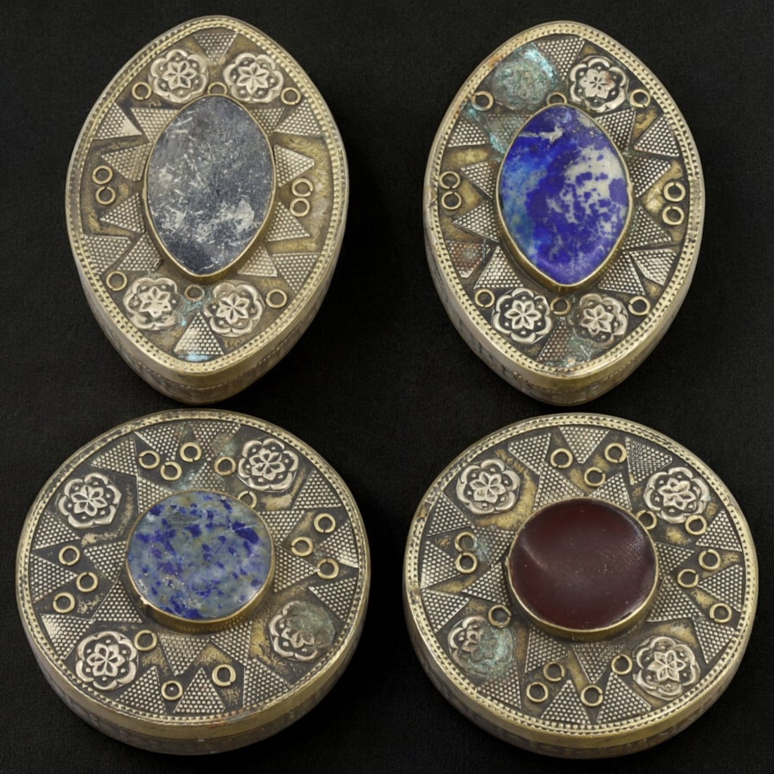 CENTRAL ASIAN: Silver Trinket Boxes with Inlaid Gemstones, Lot of Four, Central Asia (123g, 6–7cm) (1 of 2)
