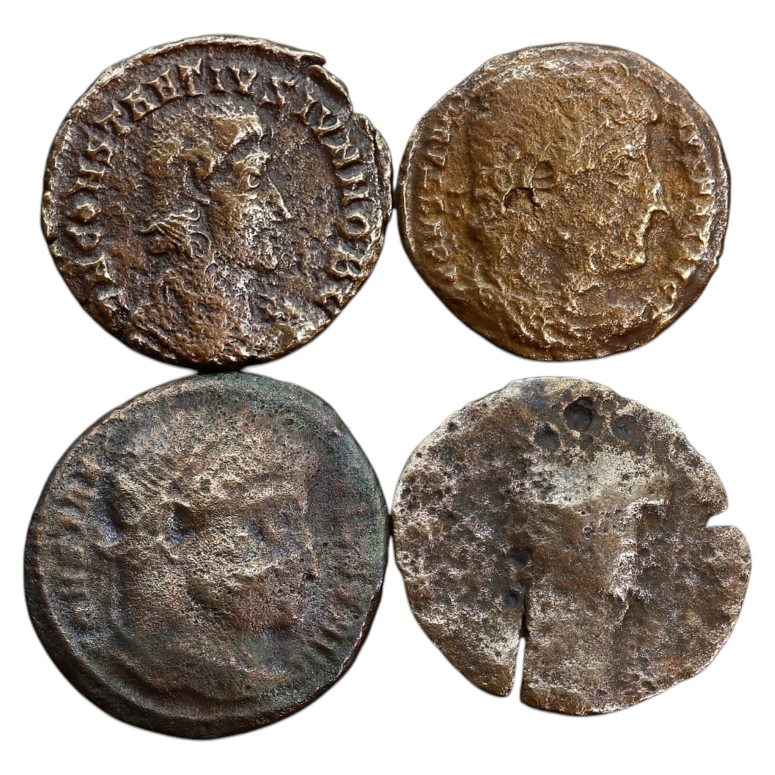 ANCIENT ROMAN BRONZE COINS: Lot of 4, AE17-AE18, 7.7g Total: This lot includes four bronze coins from the Roman Empire, each measuring between 17-18mm in diameter. The obverses display imperial portraits, while the reverses likely depict common themes such as m