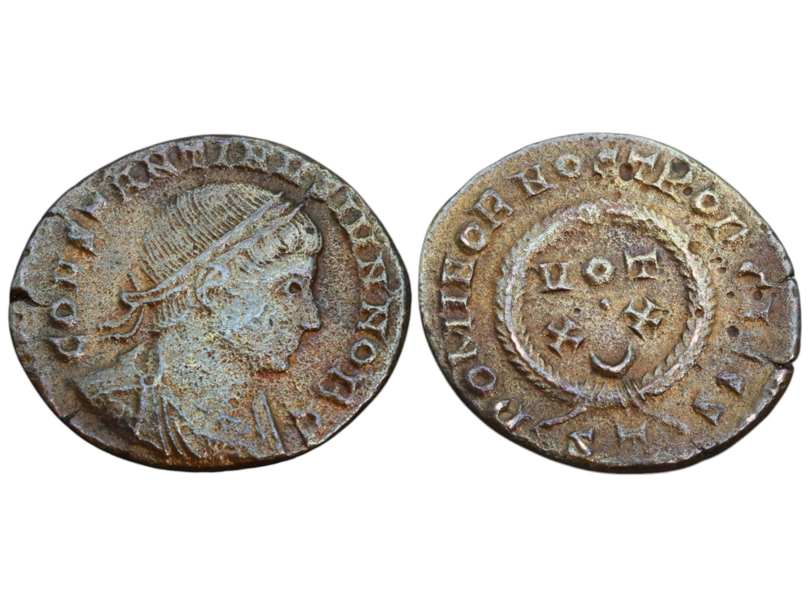 CONSTANTIUS II, AE FOLLIS, TICINUM MINT (322-325 AD, 18mm, 3.10g, RIC VII 172): This bronze follis was minted in Ticinum during the reign of Constantius II as Caesar (322-325 AD). The obverse features a laureate, draped, and cuirassed bust of Constantius II facing right, with the