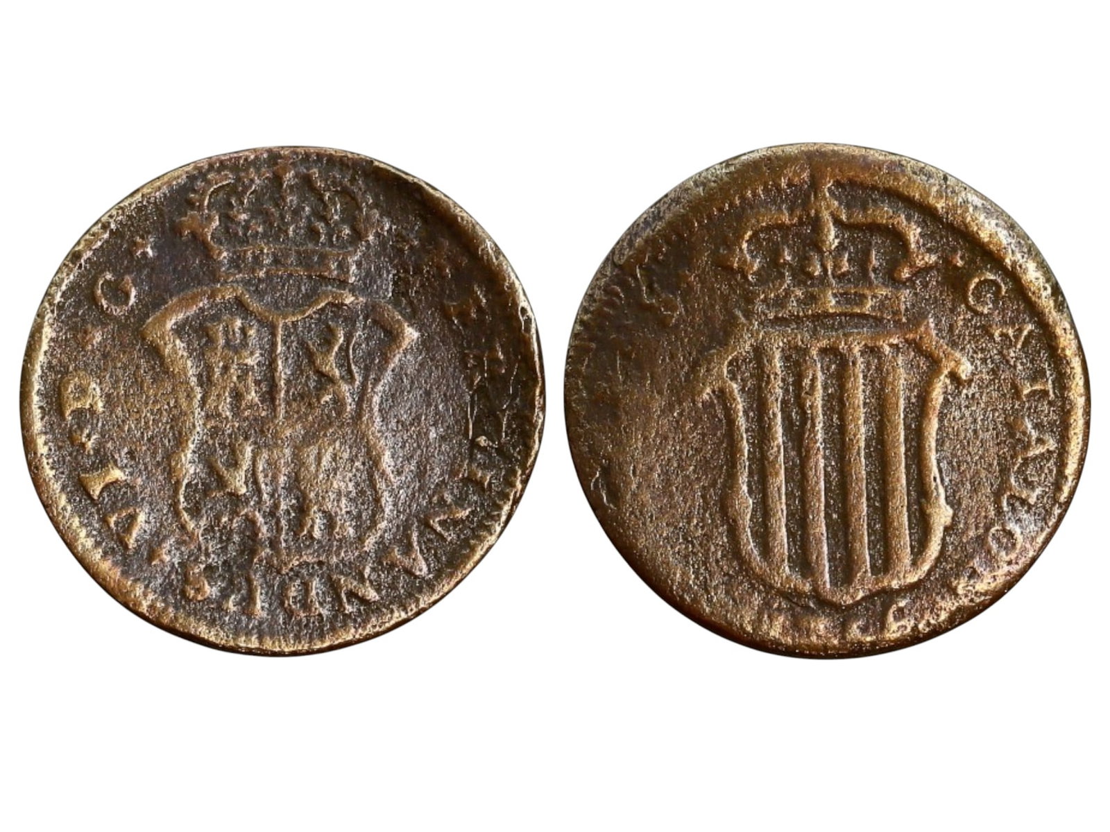 SPAIN - PRINCIPALITY OF CATALONIA, FERDINAND VI, ARDITE (1756, 18mm, 2.8g, COPPER, CAL 701, VF): This copper ardite was issued in 1756 under King Ferdinand VI for the Principality of Catalonia, a region with a distinct monetary tradition within the Spanish states. The obverse features a crowned c