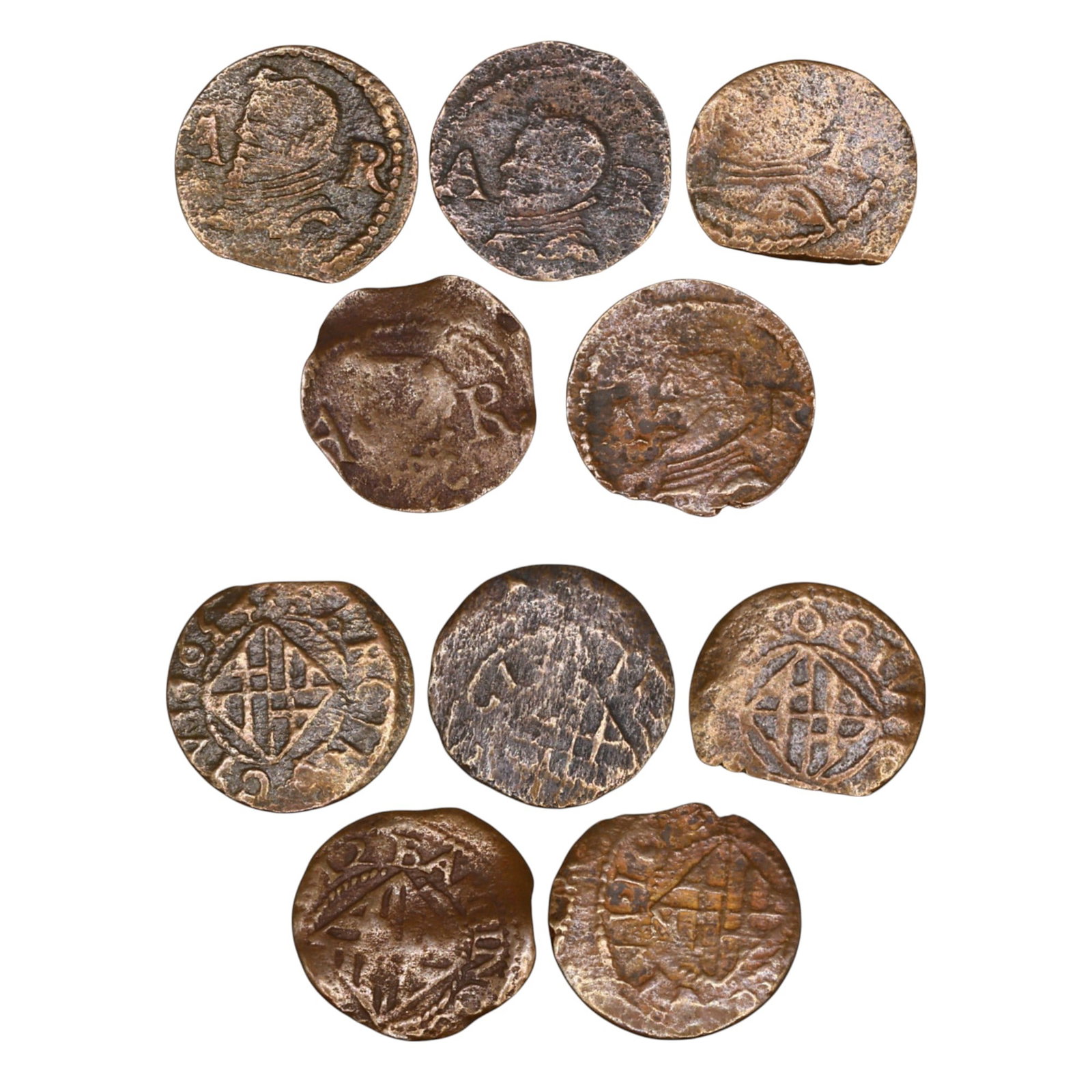CATALONIA (SPANISH STATES): Lot of 5 Ardite Coins, 13-16mm, 5.3g: This lot includes Ardite coins from Catalonia, a key region in the Spanish States' monetary system. These small copper coins were commonly issued during the 17th century and played a vital role in eve
