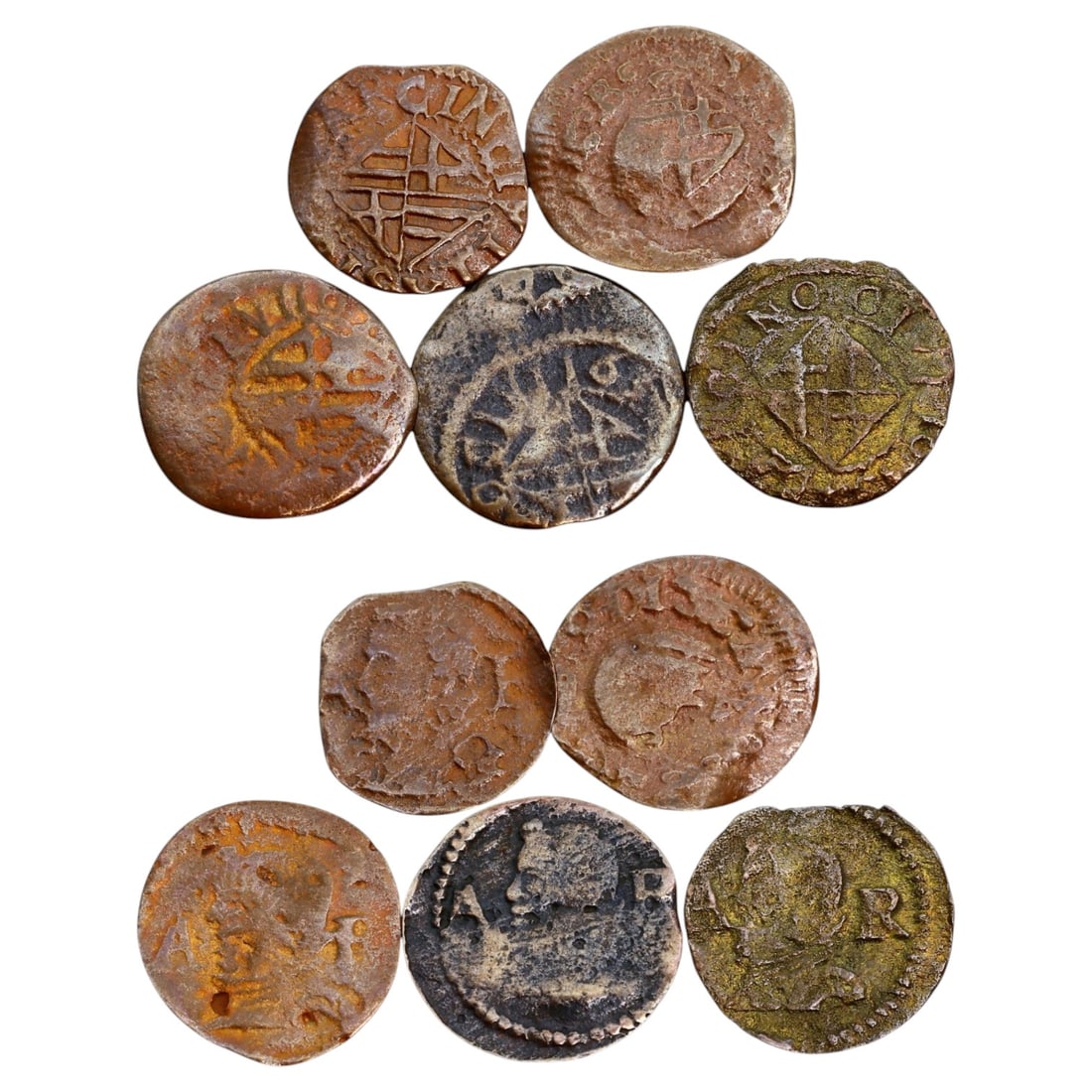 CATALONIA (SPANISH STATES): Lot of 5 Ardite Coins, 14-16mm, 5.1g: This lot includes Ardite coins from Catalonia, a key region in the Spanish States' monetary system. These small copper coins were commonly issued during the 17th century and played a vital role in eve