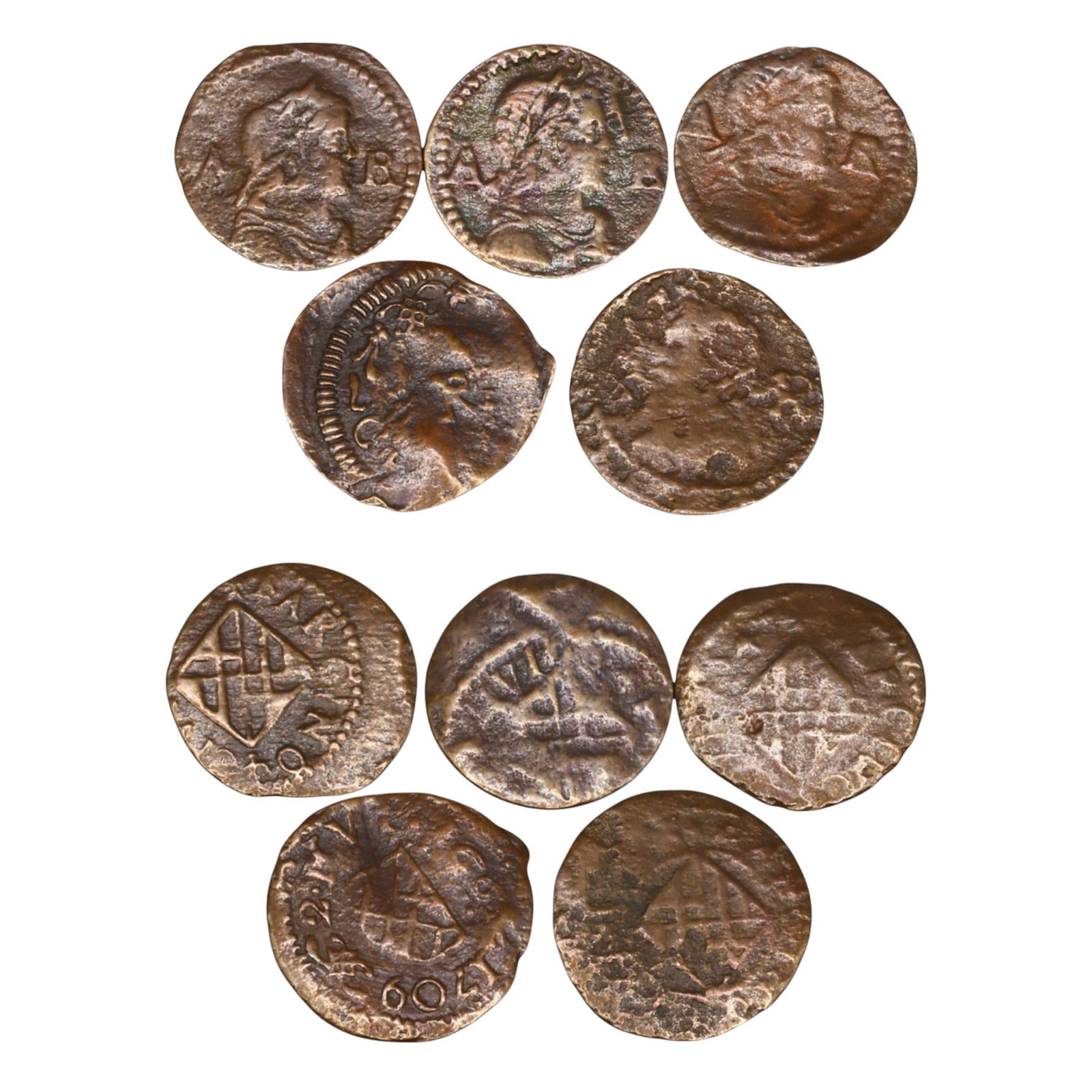 CATALONIA (SPANISH STATES): Lot of 5 Ardite Coins, 15-17mm, 5.7g: This lot includes Ardite coins from Catalonia, a key region in the Spanish States' monetary system. These small copper coins were commonly issued during the 17th century and played a vital role in eve