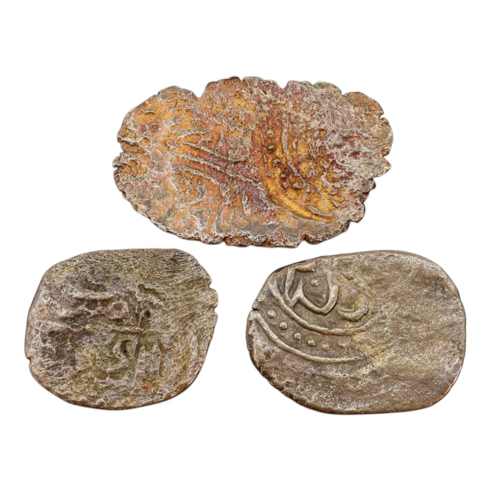 LOT OF 3 ISLAMIC SILVER COINS, 17-18mm, 6.7g: This collection features three Islamic silver coins, characterized by their oval and irregular shapes, with intricate Arabic calligraphy and stylized motifs. These coins likely belong to different Isl