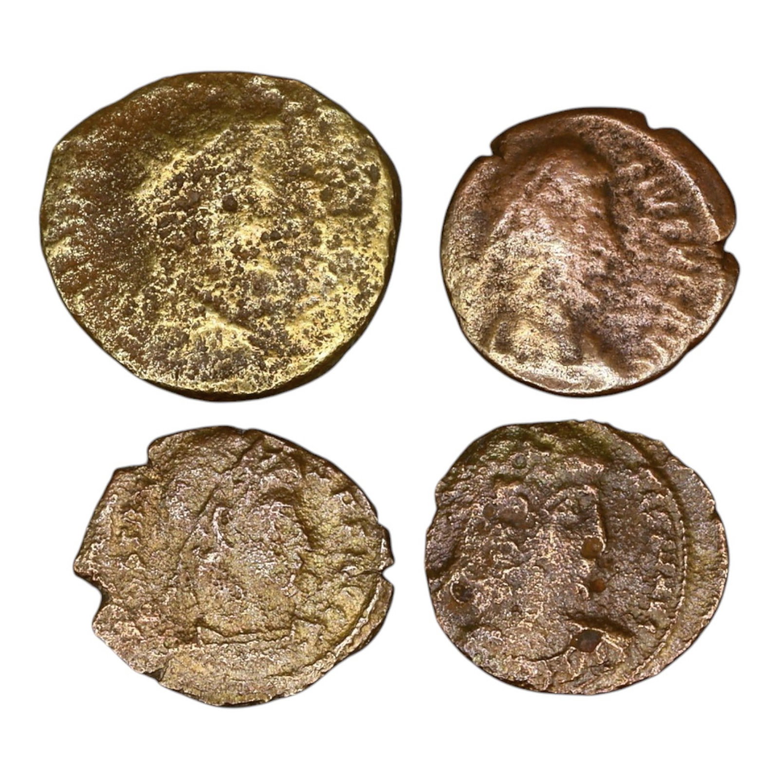 LOT OF 4 ANCIENT ROMAN IMPERIAL BRONZE COINS, 14-18mm, 8.8g: This set of Roman Imperial bronze coins showcases the diversity of coinage issued under various emperors. The obverses typically feature imperial portraits, emphasizing the authority and divine status