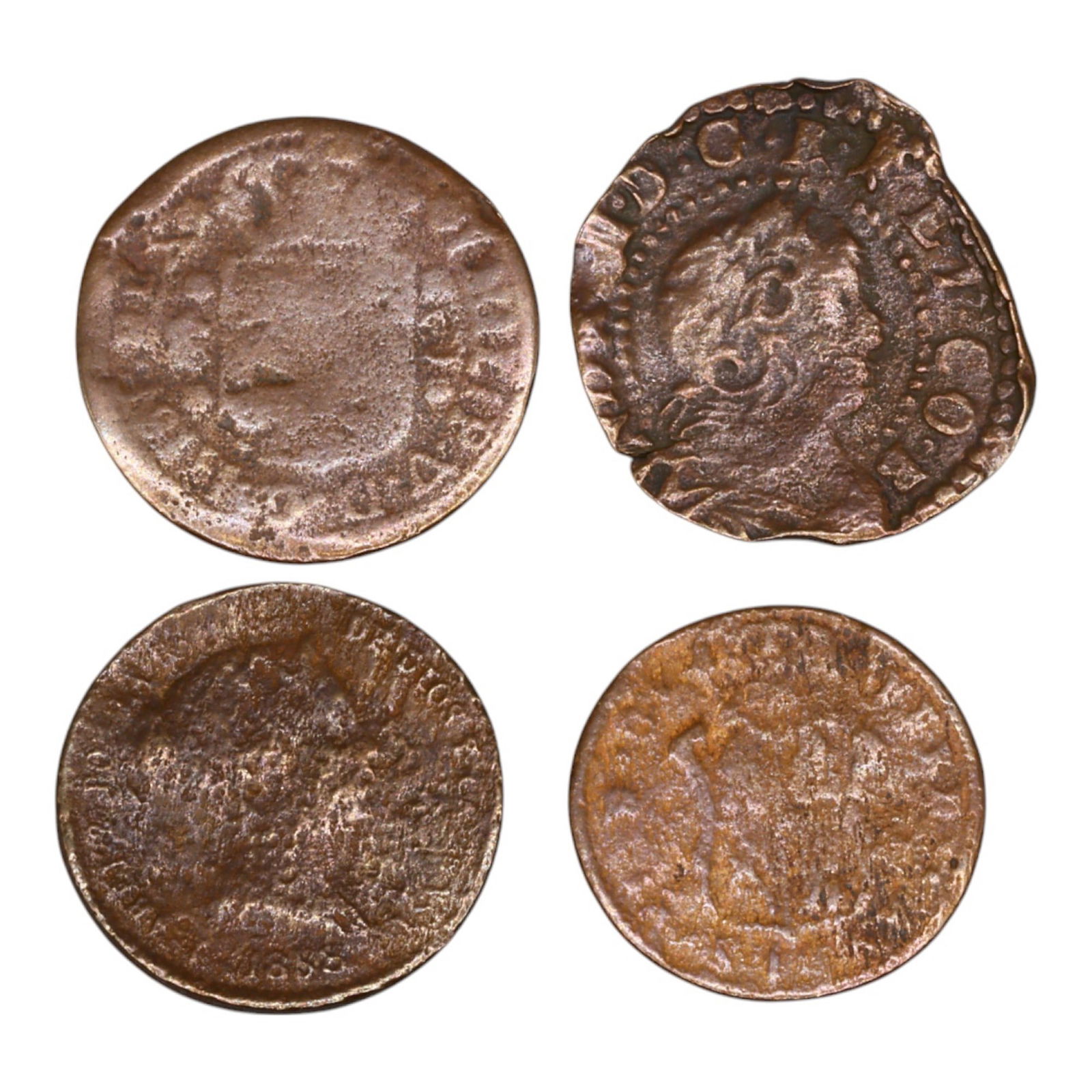 LOT OF 4 ARDITES - PRINCIPALITY OF CATALONIA, SPAIN, 18-20mm, 10.6g: This collection consists of four Ardites, small silver or billon coins minted in the Principality of Catalonia during various periods of Spanish rule. The obverses typically feature the portrait or mo