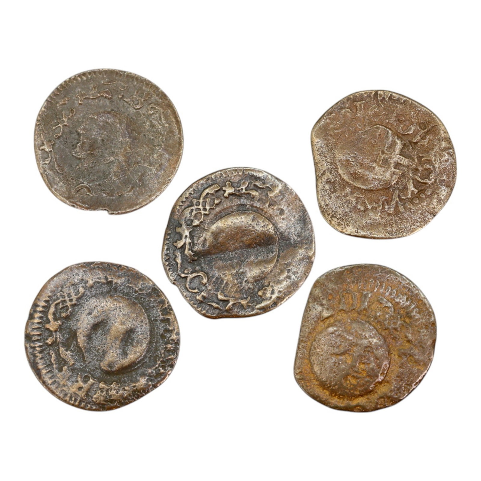 CATALONIA (SPANISH STATES): Lot of 5 Ardite Coins, 14-16mm, 4.6g: This lot includes Ardite coins from Catalonia, a key region in the Spanish States' monetary system. These small copper coins were commonly issued during the 17th century and played a vital role in eve
