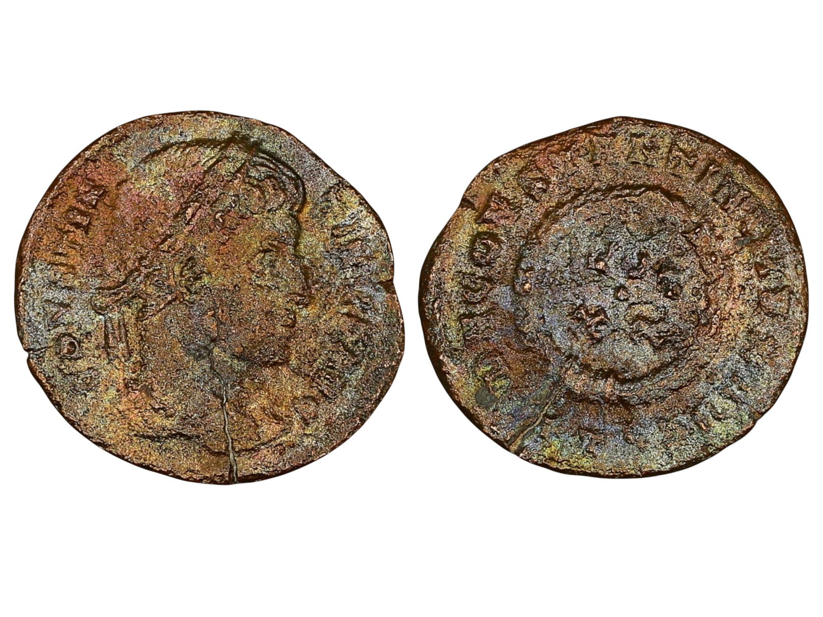 ROMAN EMPIRE: Constantine I, AE Follis Coin, 17mm, 3.2g: This bronze follis was issued under Constantine I (r. 306-337 CE), featuring a right-facing laureate bust of the emperor on the obverse. The reverse displays a wreath enclosing the inscription "VOT / 