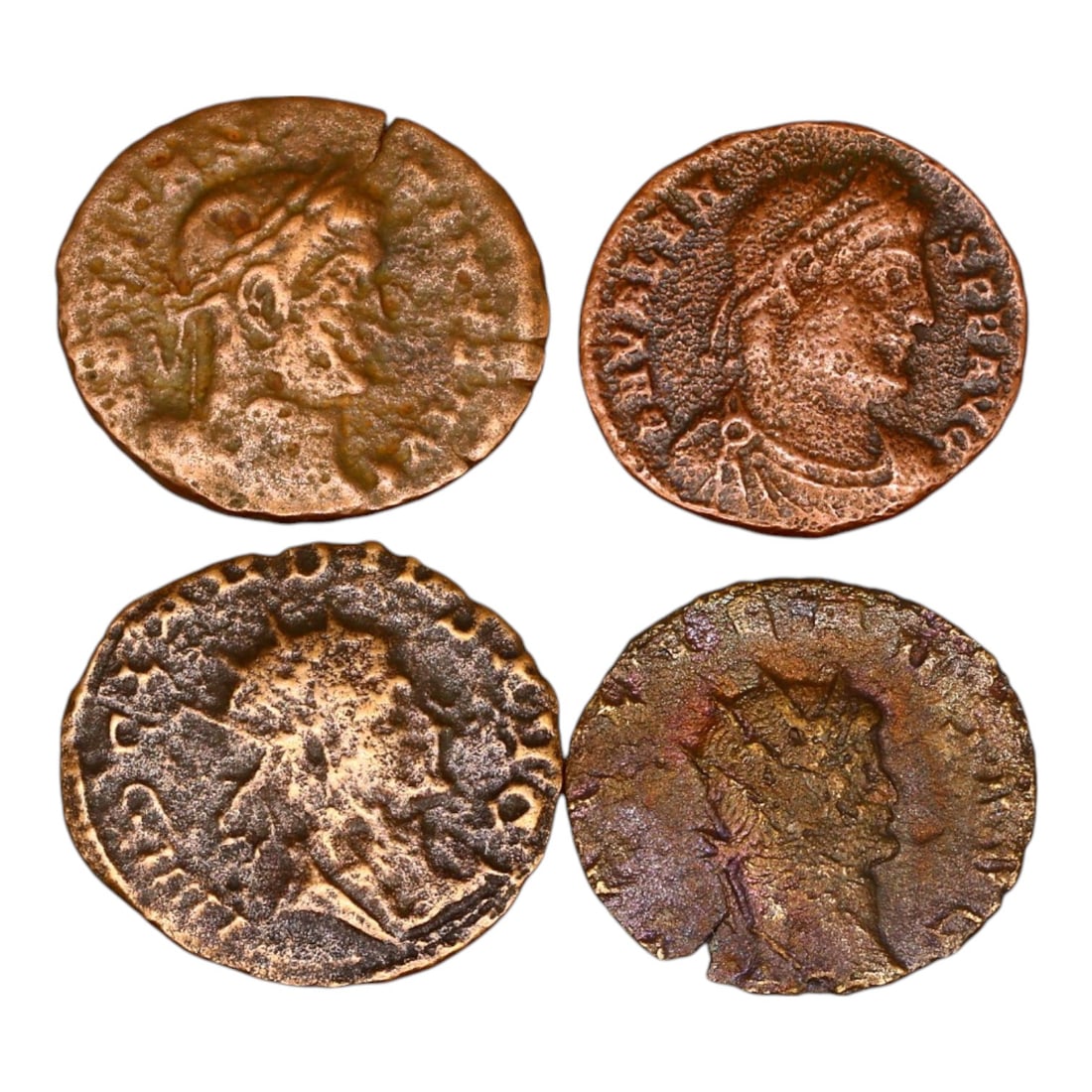 LOT OF 4 ANCIENT ROMAN IMPERIAL BRONZE COINS, 17-18mm, 7.8g: This set of Roman Imperial bronze coins showcases the diversity of coinage issued under various emperors. The obverses typically feature imperial portraits, emphasizing the authority and divine status