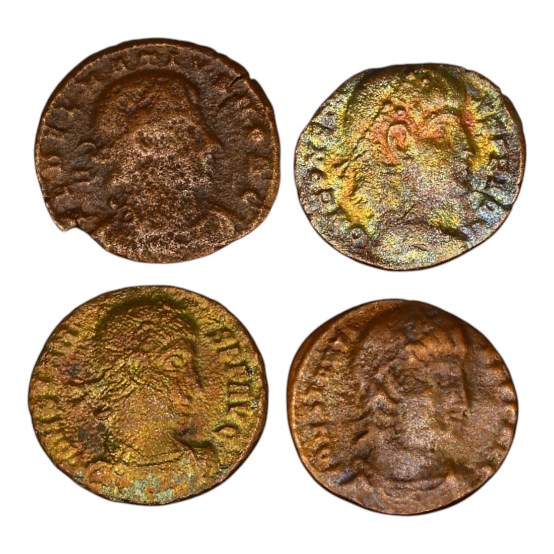LOT OF 4 ANCIENT ROMAN IMPERIAL BRONZE COINS, 14-15mm, 4.9g: This set of Roman Imperial bronze coins showcases the diversity of coinage issued under various emperors. The obverses typically feature imperial portraits, emphasizing the authority and divine status
