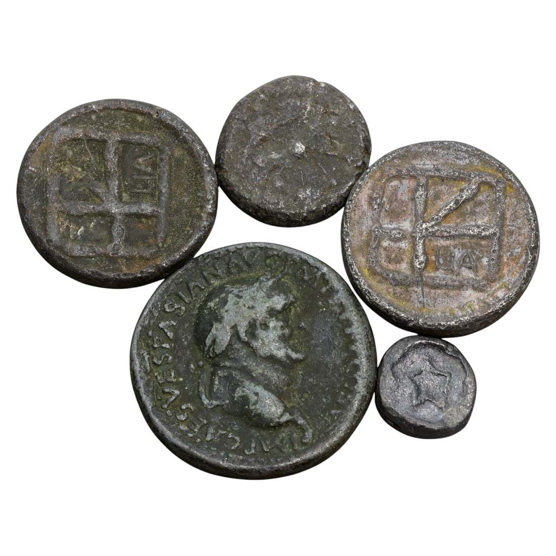 MIXED ANCIENT COINS AND TRADE TOKENS: Roman and Byzantine Lead and Bronze Pieces (93g, 1-3cm, 5pcs) (1 of 2)