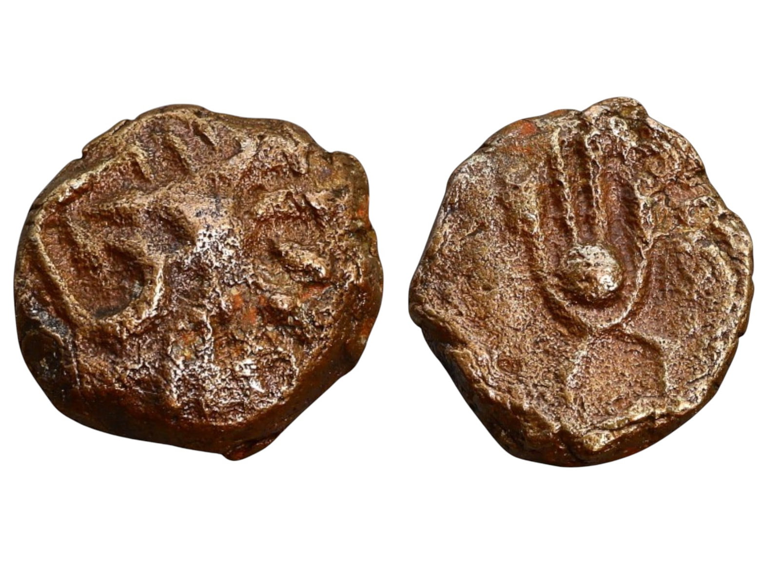 ANCIENT GREEK WORLD: Bronze AE12, 3.2g: This small bronze coin (AE12) originates from the ancient Greek world, featuring a stylized bust or symbolic motif on the obverse, while the reverse appears to depict a distinctive object or religious
