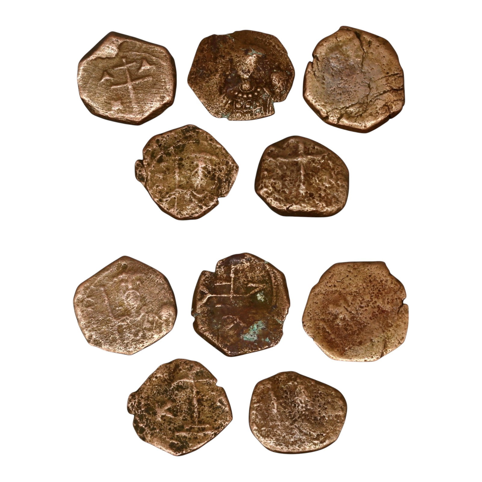 LOT OF 5 ANCIENT BYZANTINE BRONZE COINS, 13-14mm, 10g: This collection of Byzantine bronze coins reflects the distinctive coinage of the Eastern Roman (Byzantine) Empire. The obverses typically depict stylized imperial portraits, often with a frontal-faci