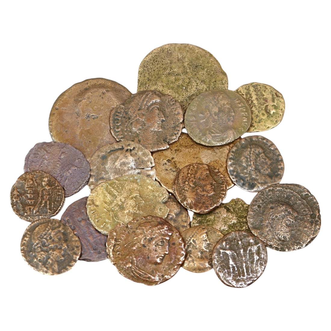 LOT OF 20 ANCIENT ROMAN IMPERIAL BRONZE COINS, 13-21mm, 32g: This set of Roman Imperial bronze coins showcases the diversity of coinage issued under various emperors. The obverses typically feature imperial portraits, emphasizing the authority and divine status
