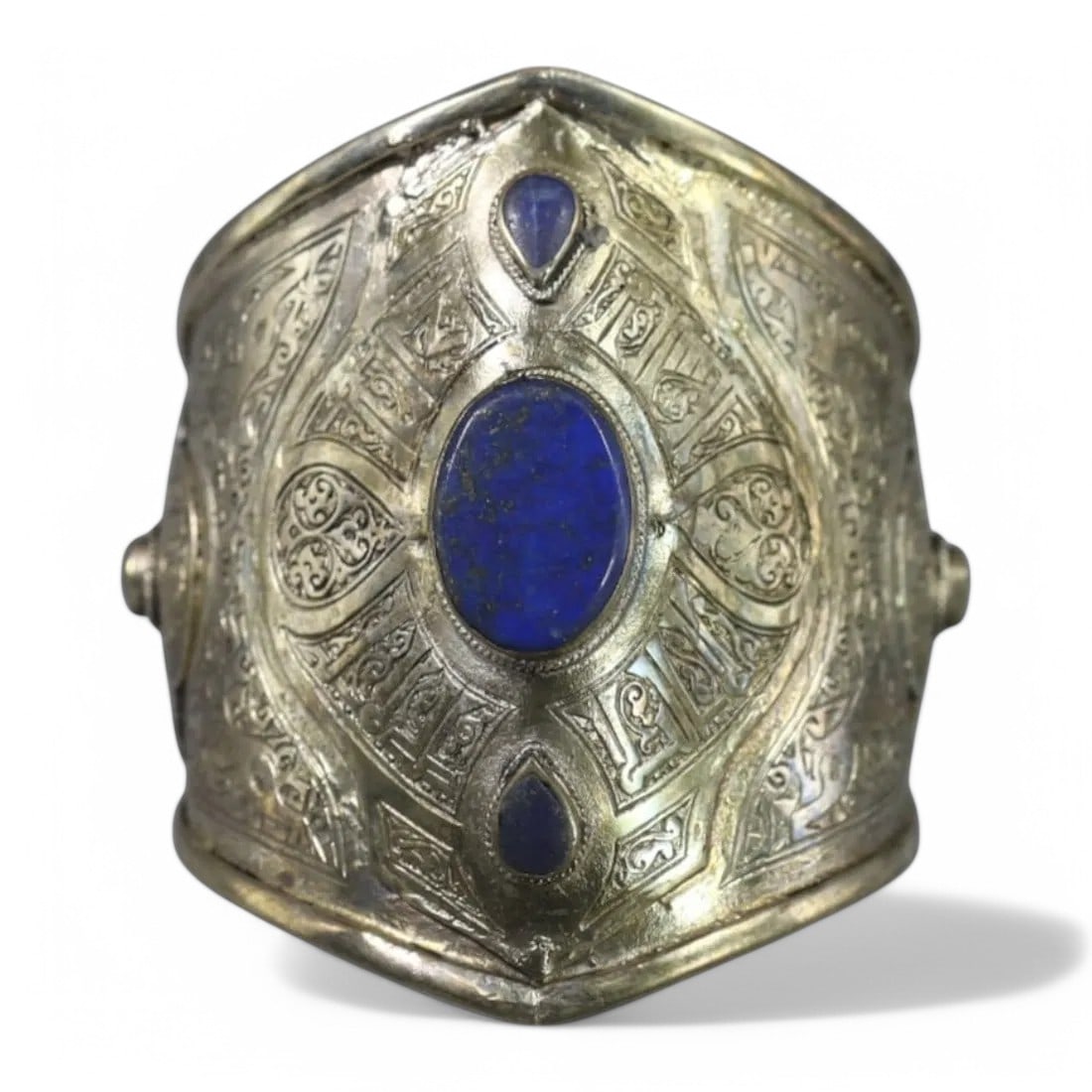 ANTIQUE: Silver Cuff Bracelet with Lapis Lazuli Inlays, Late 19th Century (148g, 8.5x7.5cm) (1 of 3)