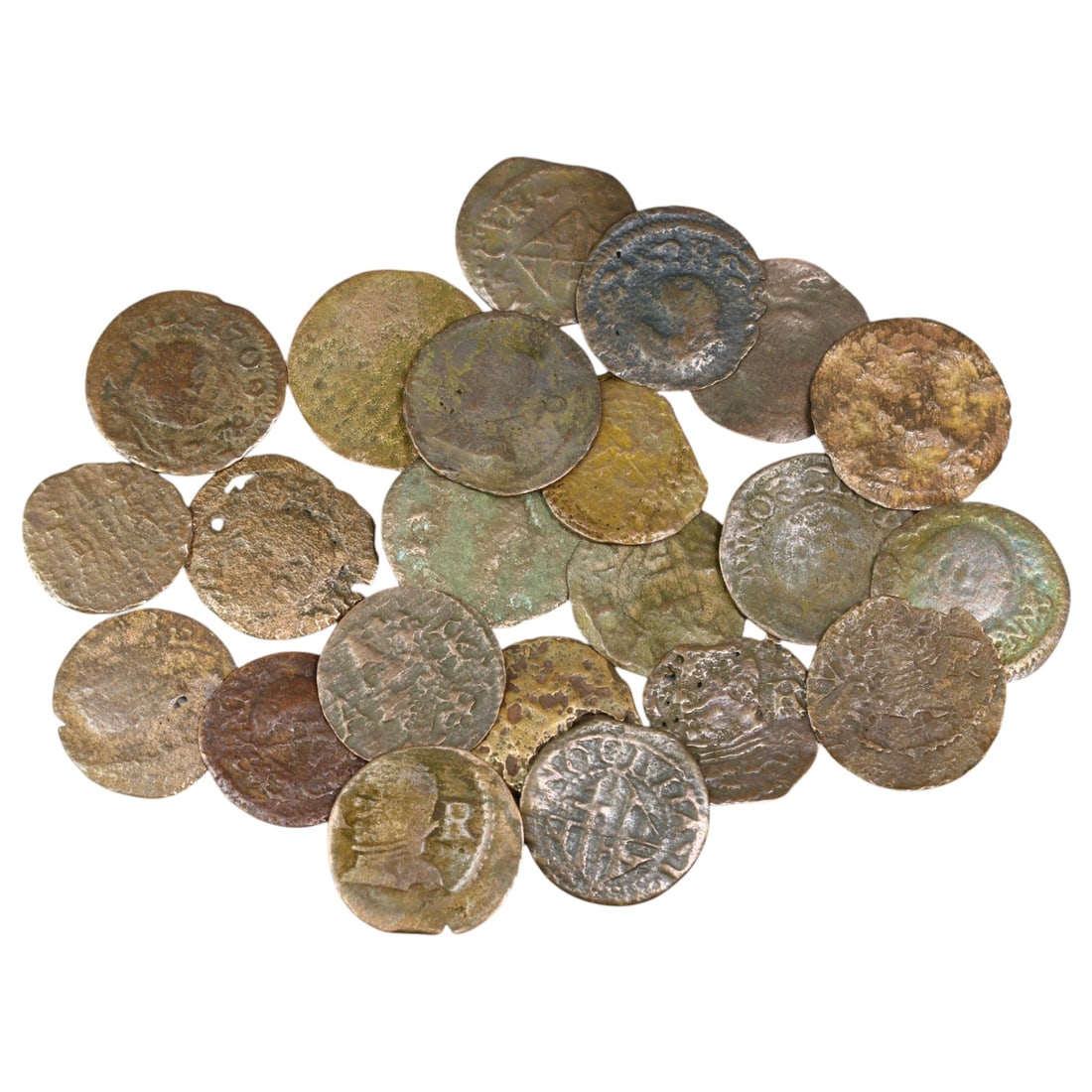 CATALONIA (SPANISH STATES): Lot of 22 Ardite Coins, 13-17mm, 19g: This lot includes Ardite coins from Catalonia, a key region in the Spanish States' monetary system. These small copper coins were commonly issued during the 17th century and played a vital role in eve