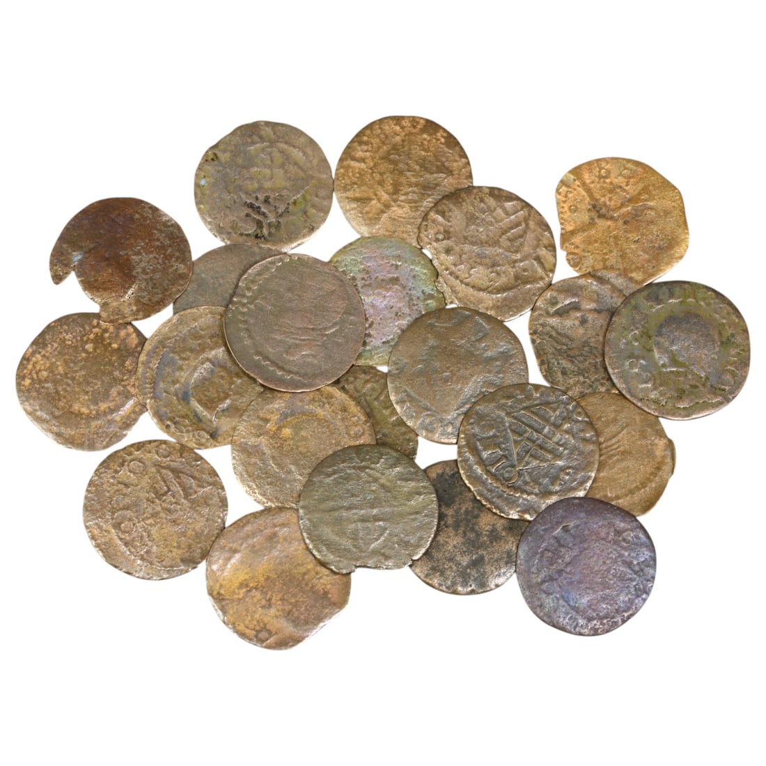 CATALONIA (SPANISH STATES): Lot of 22 Ardite Coins, 15-16mm, 17g: This lot includes Ardite coins from Catalonia, a key region in the Spanish States' monetary system. These small copper coins were commonly issued during the 17th century and played a vital role in eve
