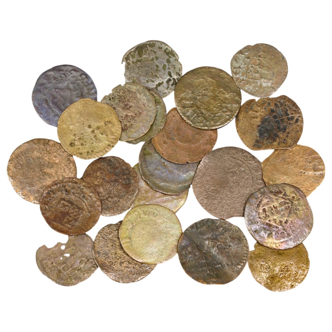 CATALONIA (SPANISH STATES): Lot of 22 Ardite Coins, 15-18mm, 13g: This lot includes Ardite coins from Catalonia, a key region in the Spanish States' monetary system. These small copper coins were commonly issued during the 17th century and played a vital role in eve