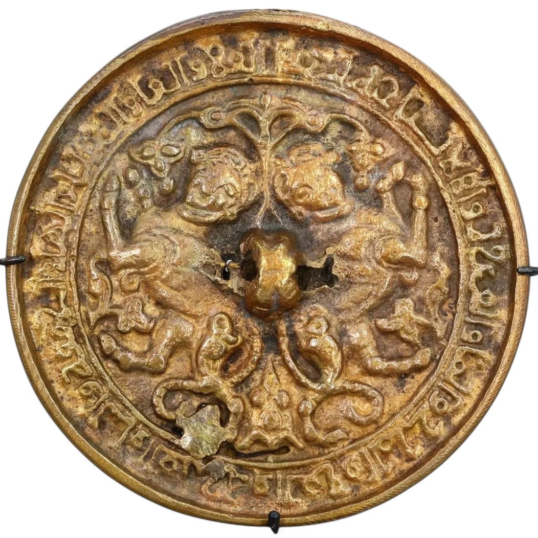ISLAMIC ARTIFACT: Bronze Gilded Mirror with Twin Lion Motif, 12th-14th Century CE (229g, 10cm) (1 of 3)