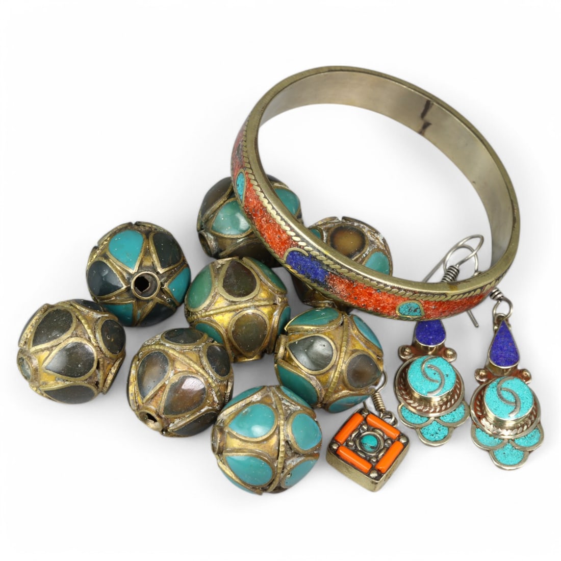 ISLAMIC & TRIBAL: Silver and Enamel Jewelry Lot - Inlaid Beads, Bangle, Earrings, 124g (1 of 1)