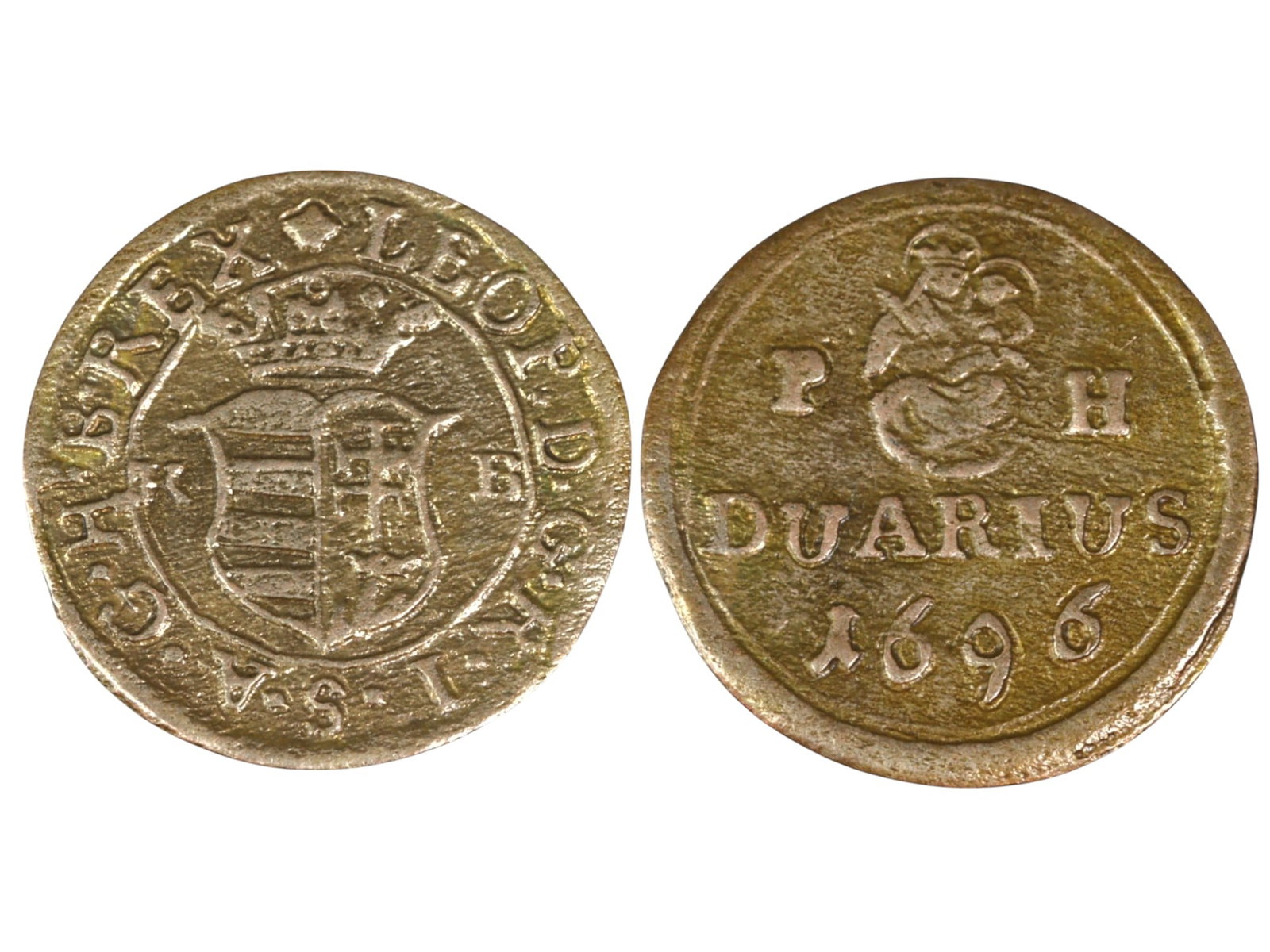 HUNGARY: Leopold I Silver Duarius - Kremnitz Mint, 1696: A rare silver Duarius of Leopold I, struck in 1696 at the Kremnitz Mint, reflecting the economic and religious influences of Habsburg Hungary. The obverse bears the crowned arms of Hungary, encircled 