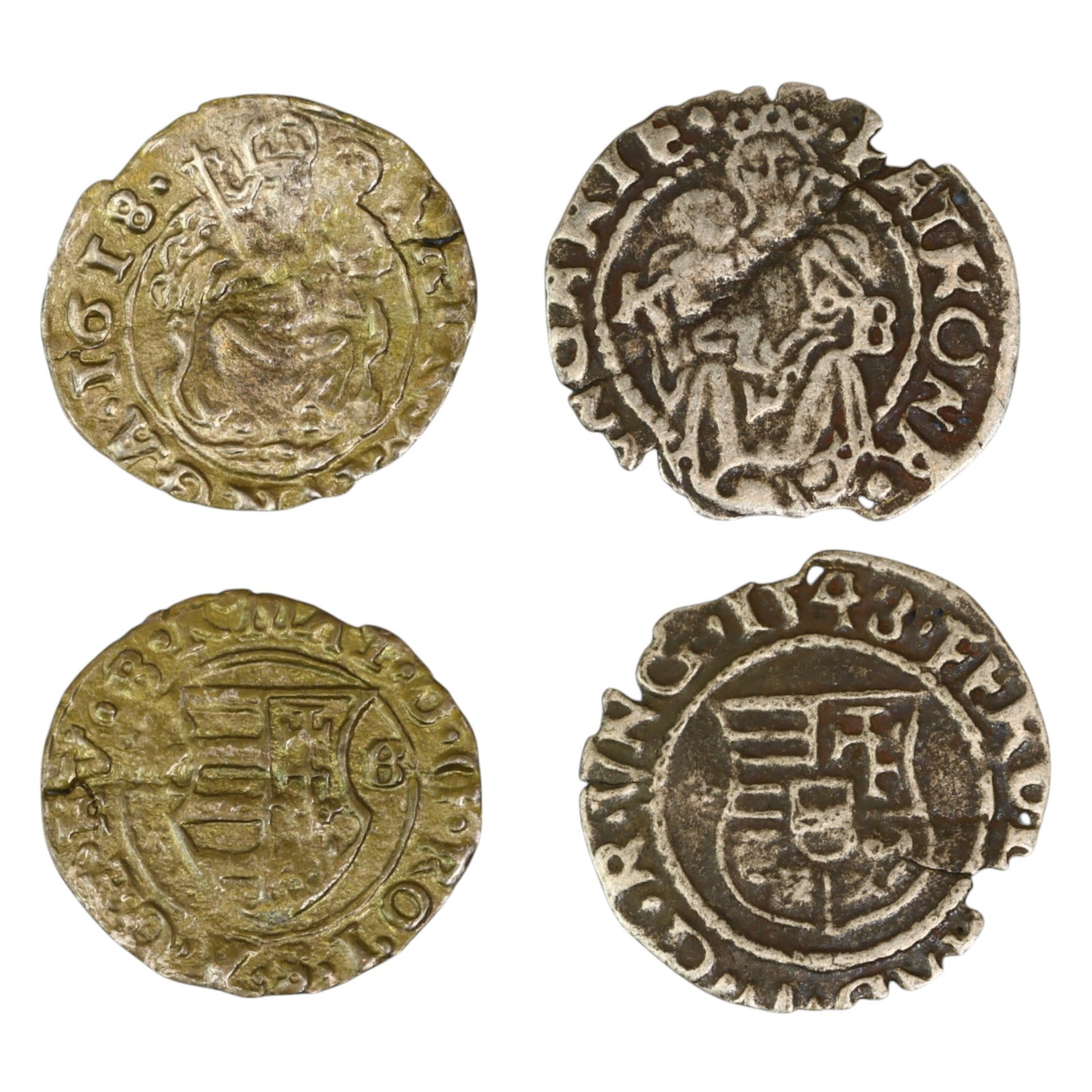 HUNGARY: Matthias II & Ferdinand I Silver Denars - Kremnitz Mint (Lot of 2 Coins): A historic pair of silver Denars from the Kremnitz Mint, representing two pivotal Habsburg rulers of Hungary. The first coin, struck under Matthias II in 1618, features the Madonna and Child, a centra