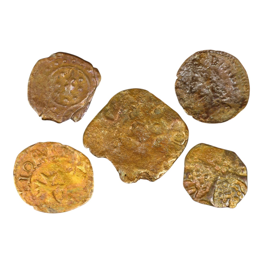 MIXED LOT: Medieval & Early Modern European Bronze and Billon Coins (Lot of 5 Coins): A diverse selection of five small bronze and billon coins, spanning different historical periods and regions, with diameters ranging from 10-15mm and a total weight of 2g. These well-circulated pieces