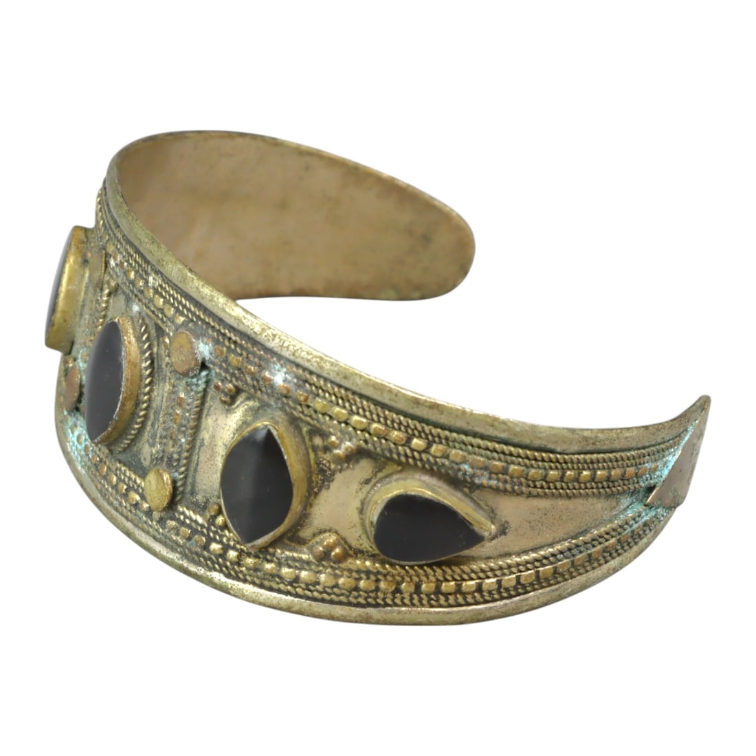 ISLAMIC: Silver Cuff Bracelet - Ornate Design with Inlaid Stones, 28g (1 of 2)