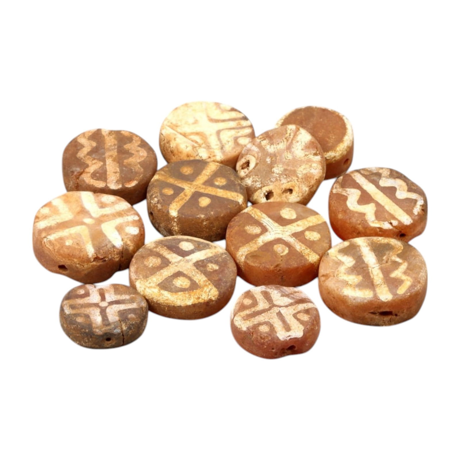 AFRICAN: Ancient Carnelian Etched Beads, (24g, 1.5cm): This exquisite lot features African ancient carnelian etched beads, weighing a total of 24 grams with individual beads measuring approximately 1.5cm in size. These beads showcase intricate geometric a