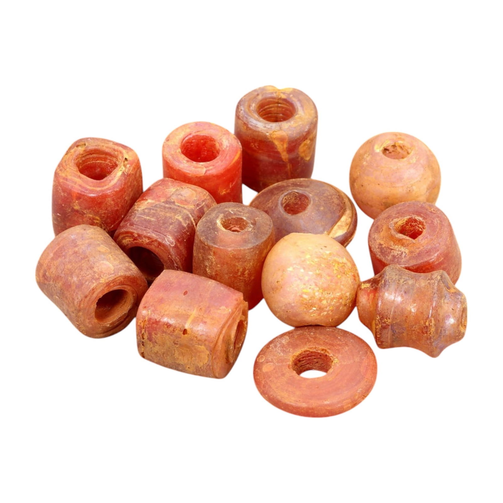AFRICAN: Antique Carnelian Barrel Beads, (52g, 1-2cm): This vibrant lot features African antique carnelian barrel beads, with a total weight of 52 grams and individual beads ranging from 1 to 2 cm in size. These beads showcase warm reddish-orange hues, ch