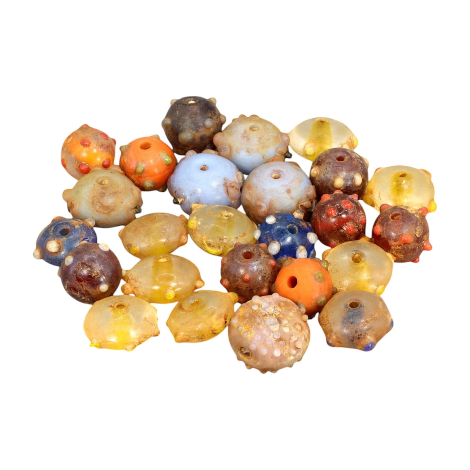 AFRICAN: Antique Mixed Polychrome Glass Beads, (120g, 1-2cm): This vibrant lot features African antique mixed polychrome glass beads, with a total weight of 120 grams and individual beads ranging from 1 to 2 cm in size. These uniquely crafted beads display a var