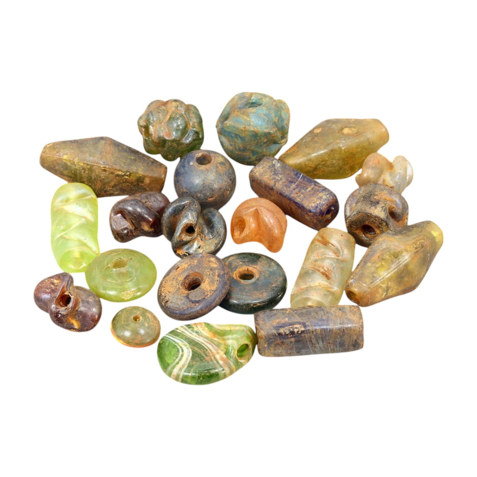 AFRICAN: Antique Mixed Stone and Glass Trade Beads, (154g, 1-4cm): This striking lot features African antique mixed stone and glass trade beads, with a total weight of 154 grams and individual bead sizes ranging from 1 to 4 cm. The collection showcases a diverse arra